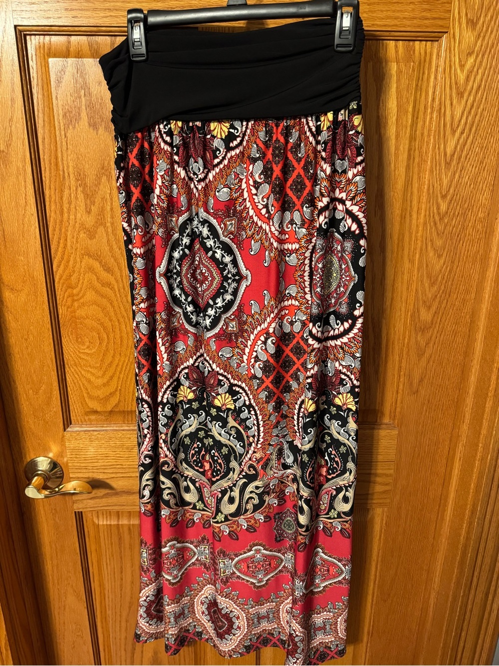 Alyx Red Paisley Maxi Skirt with Black Foldover Waist